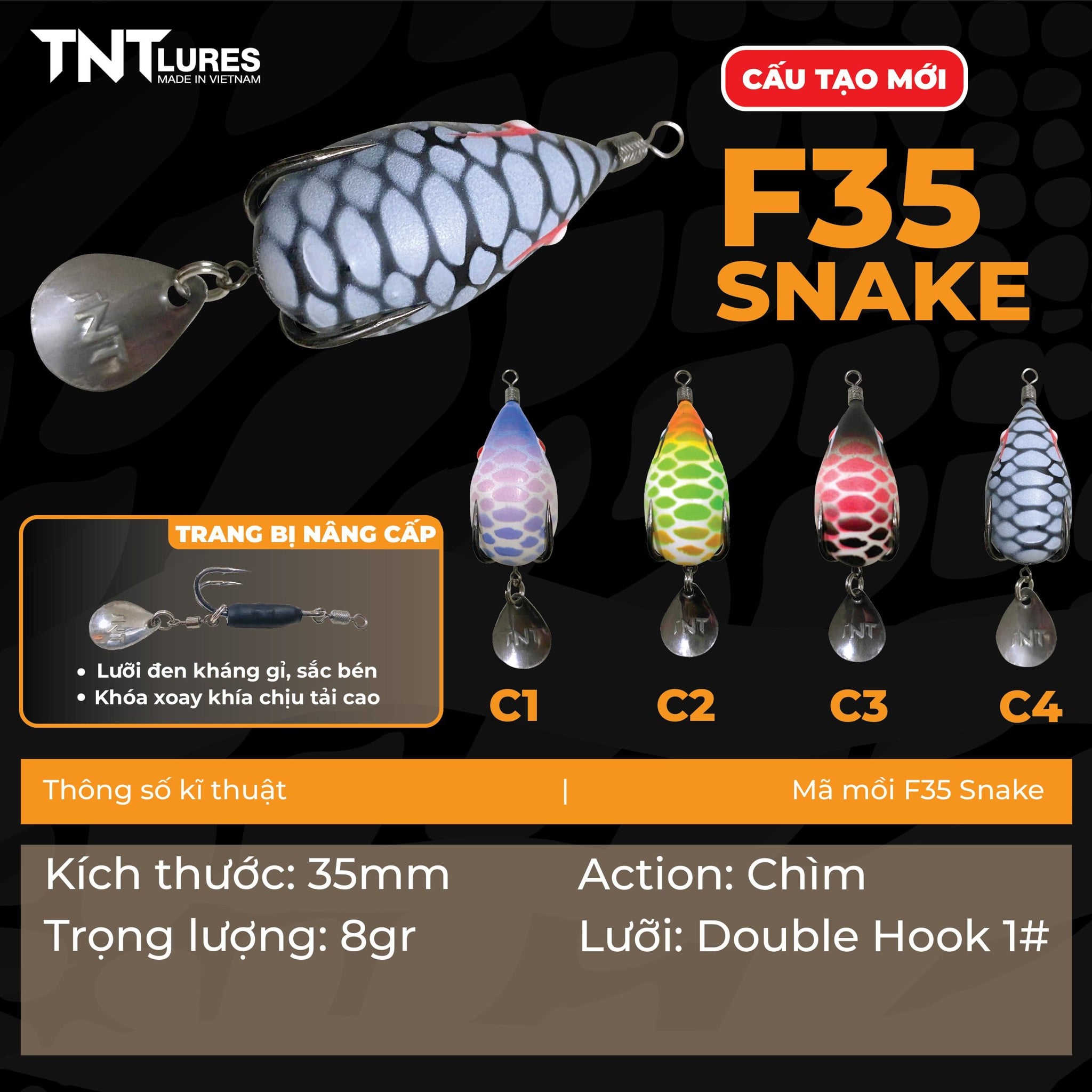 Mß╗ôi C├óu Lure Nh├íi H╞íi TNTLures Action Ch├¼m F35 Kh├│a xoay da rß║»n  3,5cm/8g